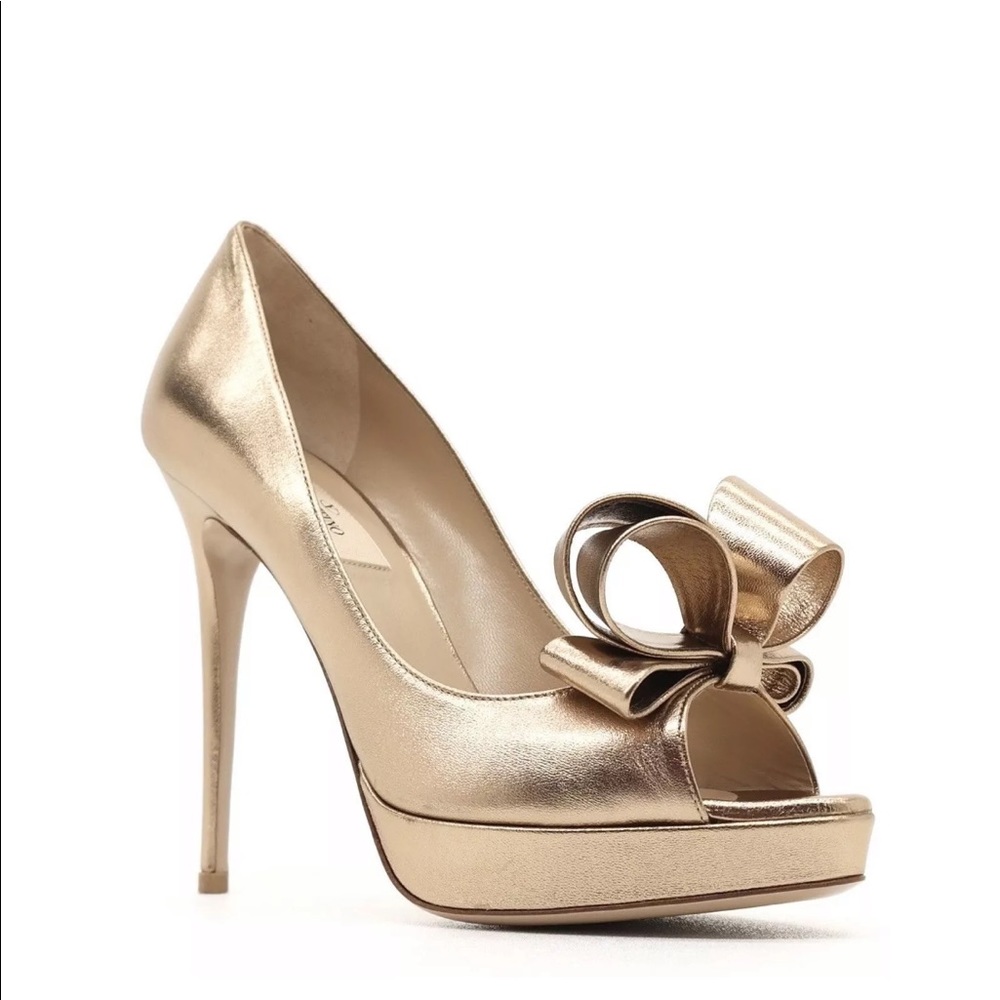 Valentino Gold Couture Bow Open Toe Pumps